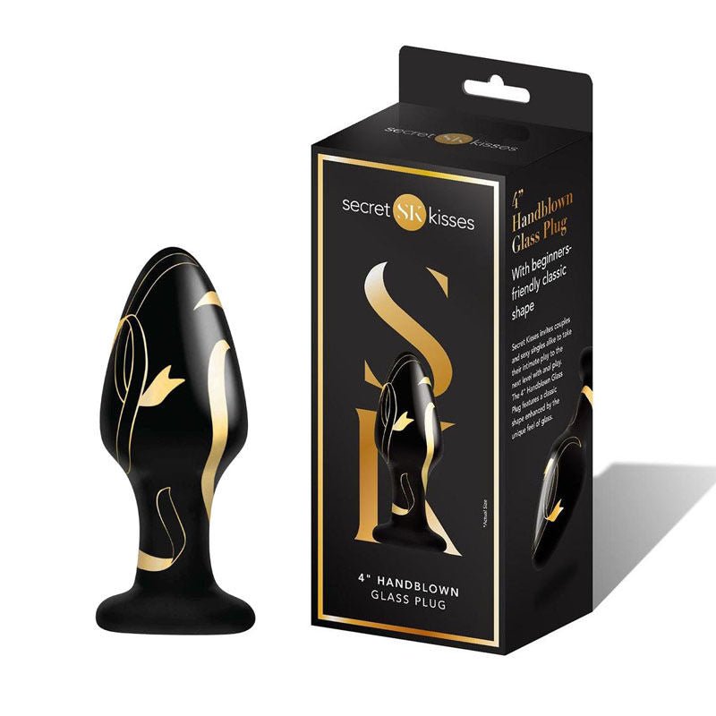 Secret kisses - 4'' handblown wide glass butt plug - Product front view and box front view | Flirtybay.com.au